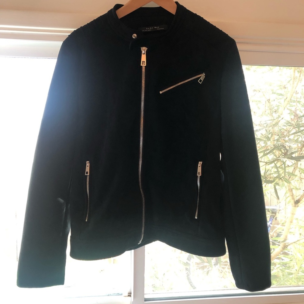 Zara Black Faux Suede Cafe Racer Moto Jacket